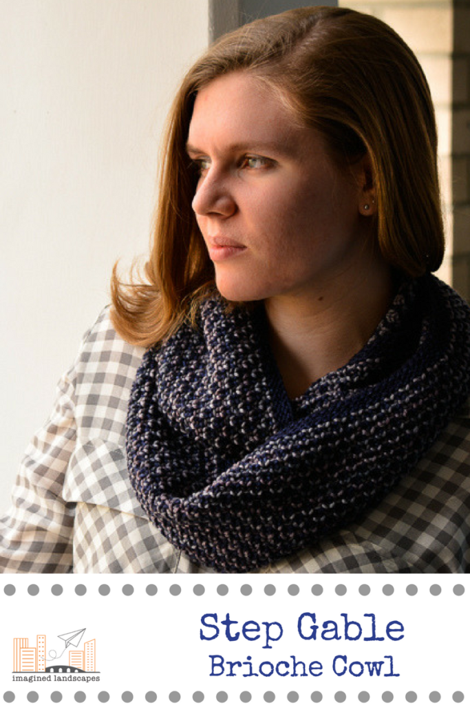 Step Gable Brioche Cowl knitting pattern from Imagined Landscapes Designs - simple and fun two-coloured textured brioche with a photo tutorial