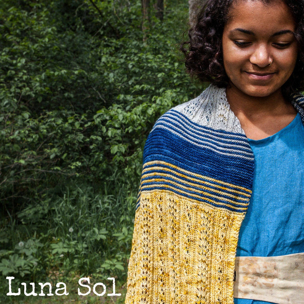 Luna Sol Wrap ~ a lace and garter stripe shawl pattern from Imagined Landscapes Designs. Fingering weight, 3 colours.