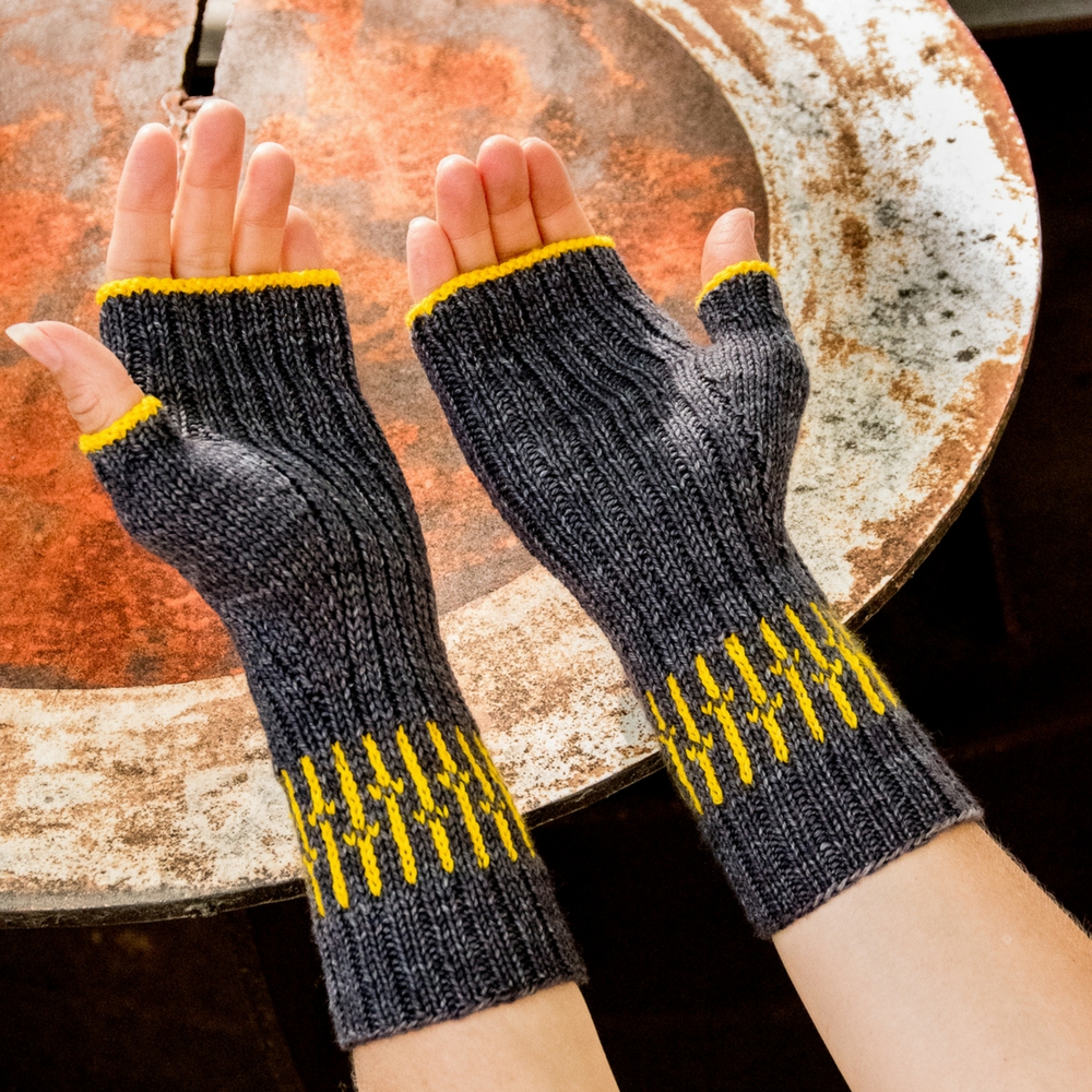 Telephone Poles Fingerless Mitts- a knitting design from Imagined Landscapes in the +1 Pop Collection. Perfect use of a mini skein of yarn!