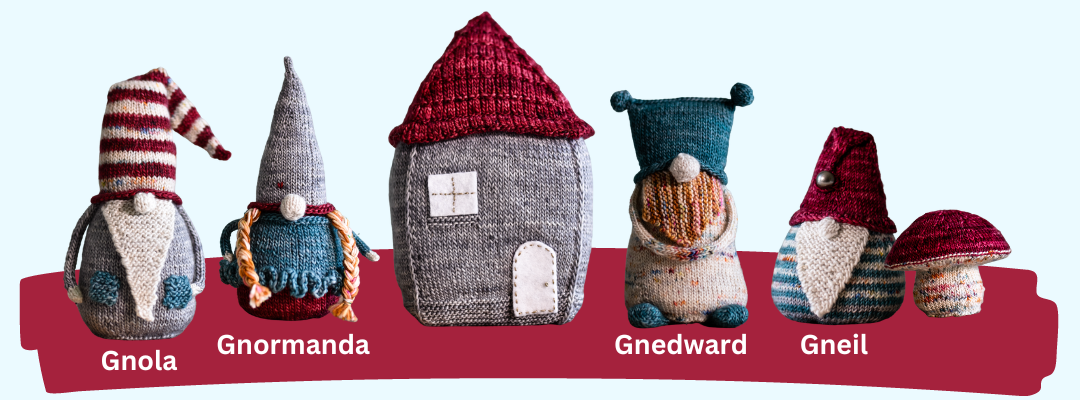 Gnomes: Gnola with striped tall hat and blue pockets, Gnormanda with colourful braids and a ruffled dress, Gnedward with a square hat and feet, and Gneil with a short round shape and a buttoned hat